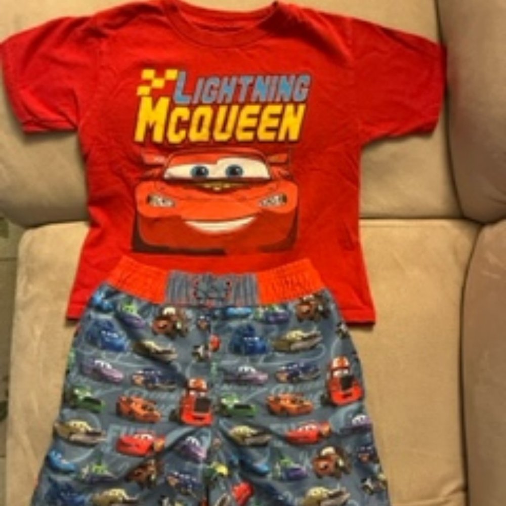 DISNEY Boys Lightening McQueen swim trunks and cotton t-shirt